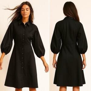 NWT Harshman Muriel 3/4-Sleeve Midi Shirtdress Black Medium $322 MSRP